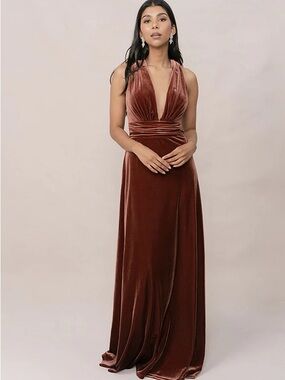 Revelry Velvet Deep V Maxi Gown in Terracotta
